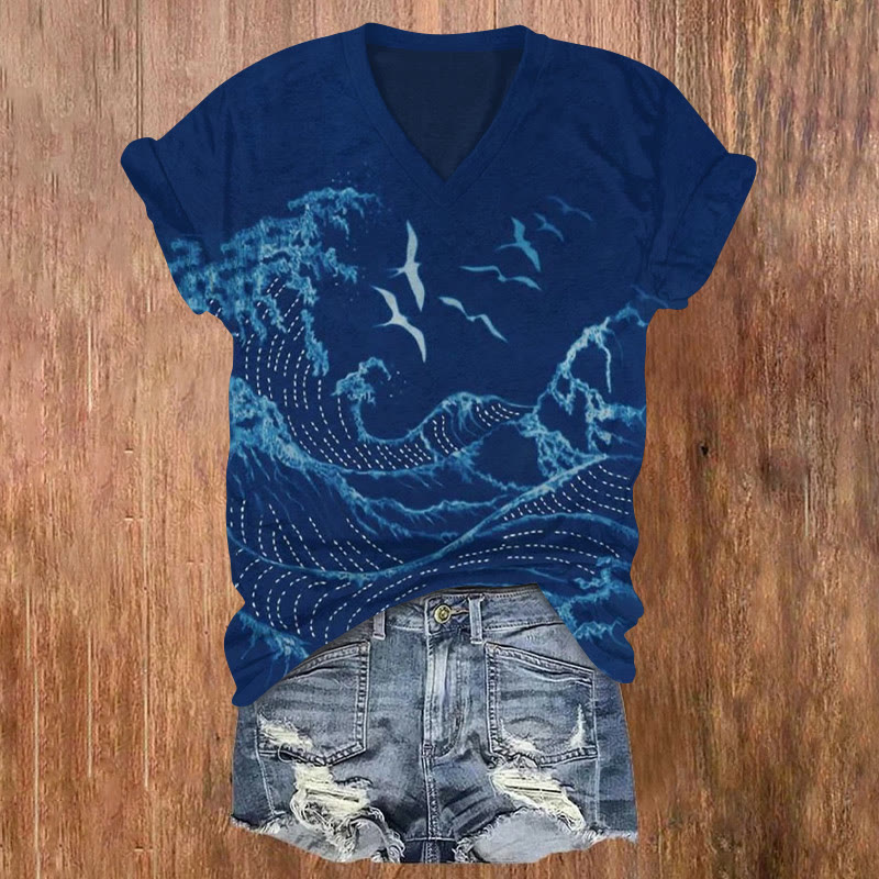 Vintage Wavy Seagull Print V-neck T-shirt - Royal Blue - US32-34(5XL) - image 1