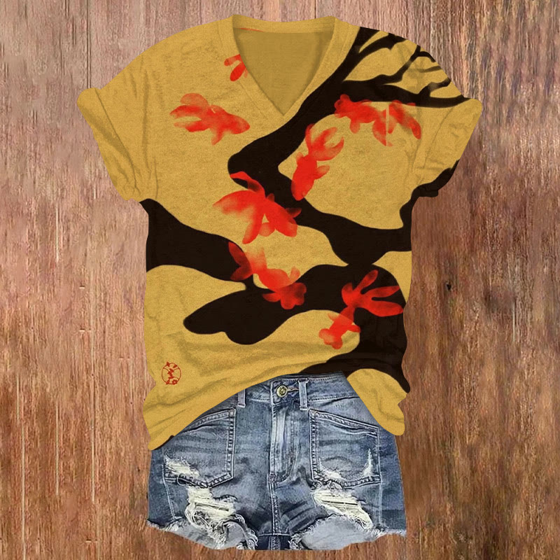 Vintage Geometric Wavy Goldfish Print V-neck T-shirt - Yellow - US32-34(5XL) - image 1