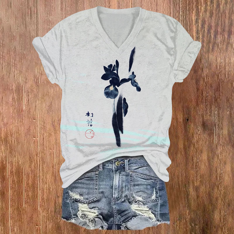 Vintage Ink Iris Print V-neck T-shirt - Light Gray - US32-34(5XL) - image 1
