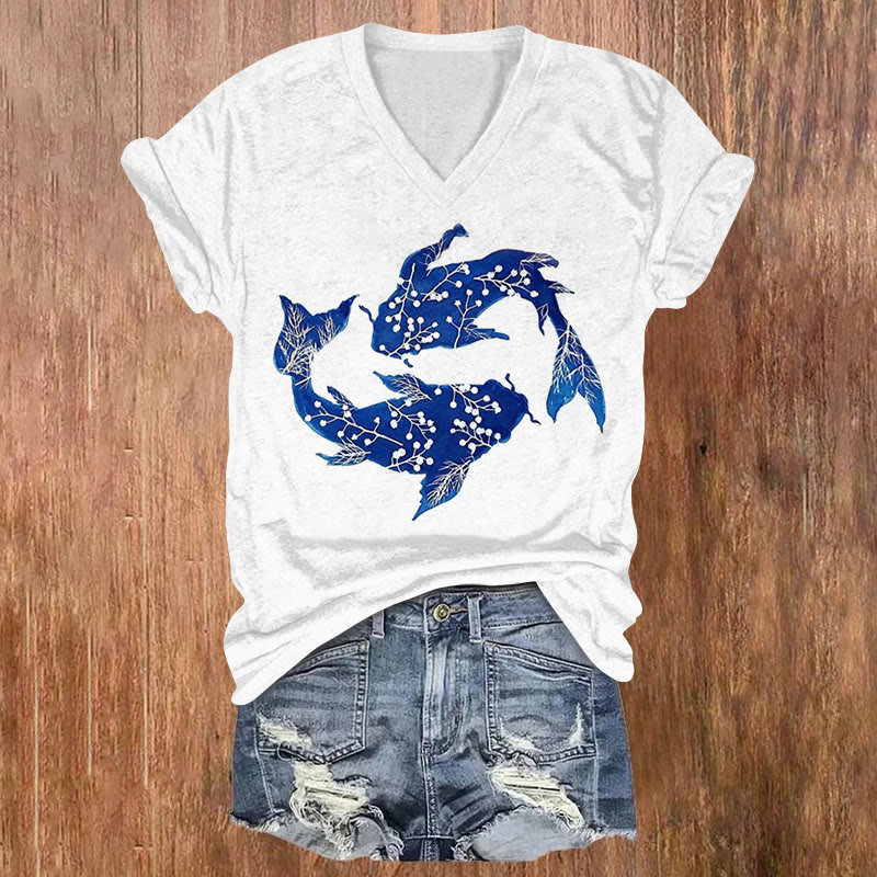 Vintage Plum Blossom Koi Print V-neck T-shirt - White - US32-34(5XL) - image 1