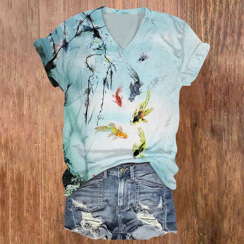 Vintage Willow Koi Print V-neck T-shirt - Blue - US32-34(5XL) - image 1