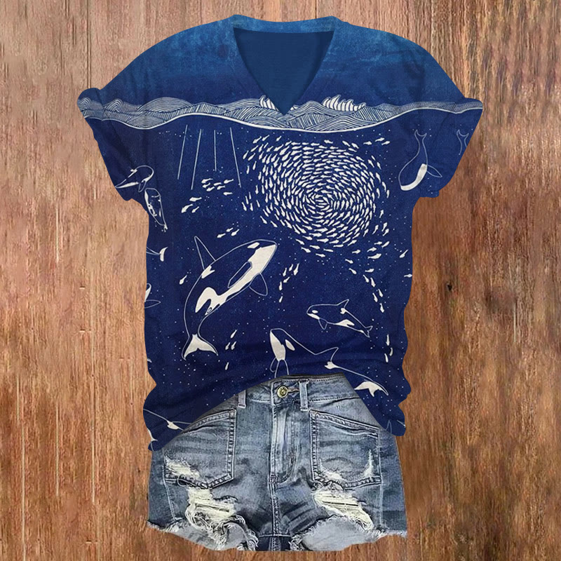 Hunting Whale Print V-neck T-shirt - Royal Blue - US32-34(5XL) - image 1
