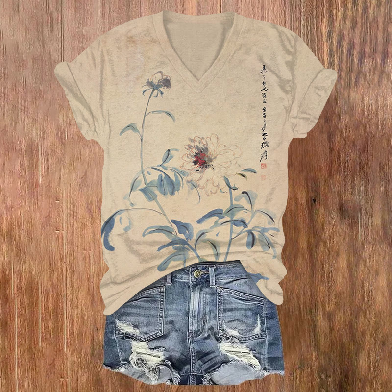Watercolor Peony Flowers Print V-neck T-shirt - Khaki - US32-34(5XL) - image 1