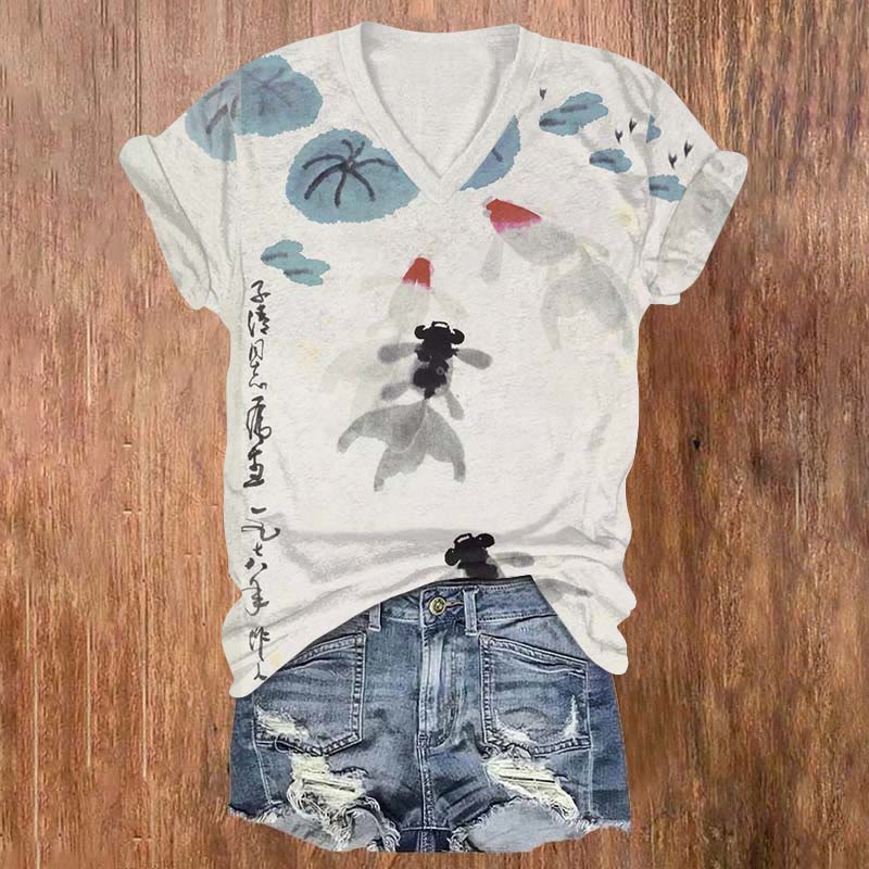 Ink Watercolor Goldfish In Lotus Pond Art Print V-neck T-shirt - Light Gray - US32-34(5XL) - image 1