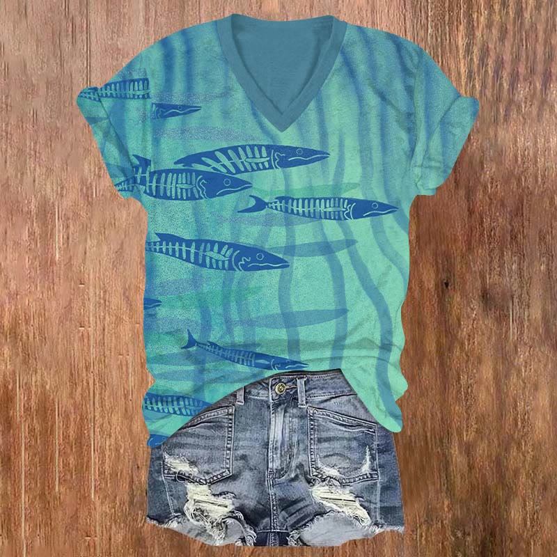 School Of Fish On The Seabed Art Print V-neck T-shirt - Blue - US32-34(5XL) - image 1