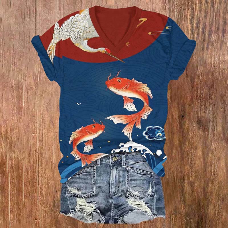 Japanese Style Koi And Crane Art Print V-neck T-shirt - Blue - US32-34(5XL) - image 1
