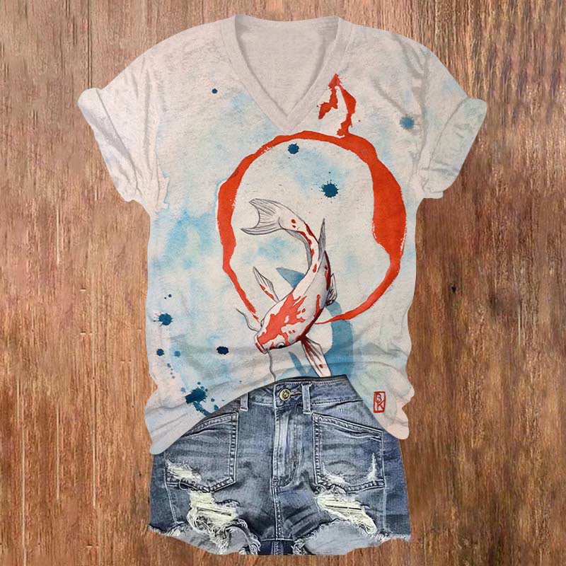 Japanese Watercolor Koi Art Print V-neck T-shirt - Apricot - US32-34(5XL) - image 1