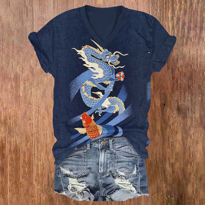 Japanese Dragon And Koi Art Print V-neck T-shirt - Navy Blue - US32-34(5XL) - image 1
