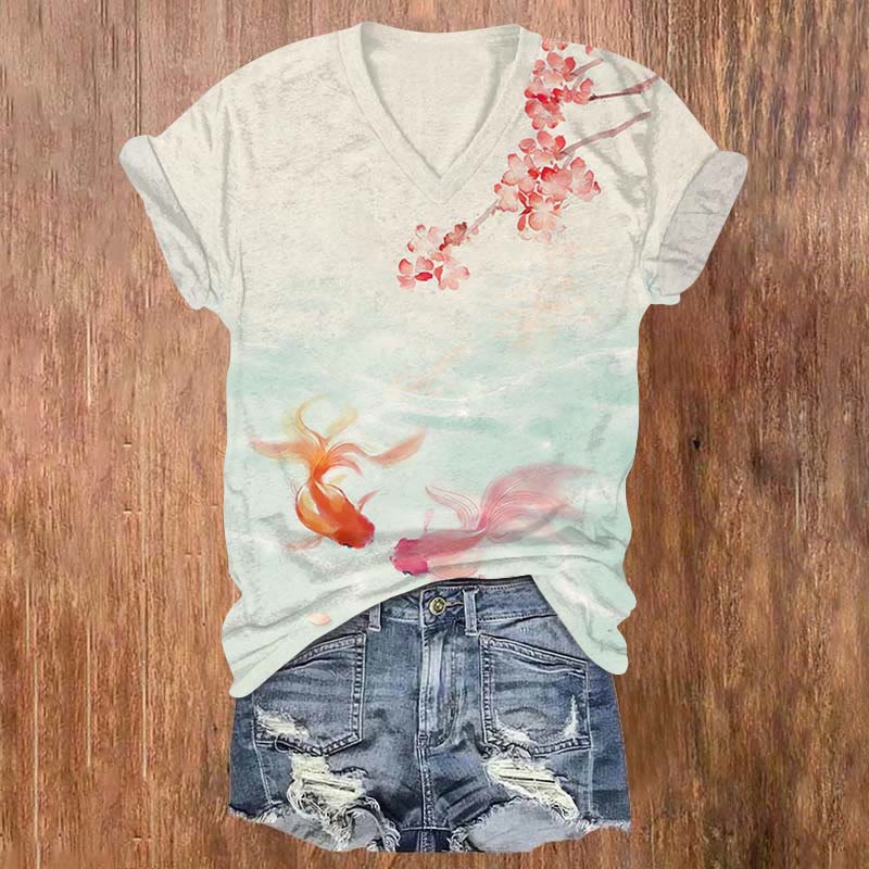 Japanese Goldfish In The Pond Art Print V-neck T-shirt - Apricot - US32-34(5XL) - image 1