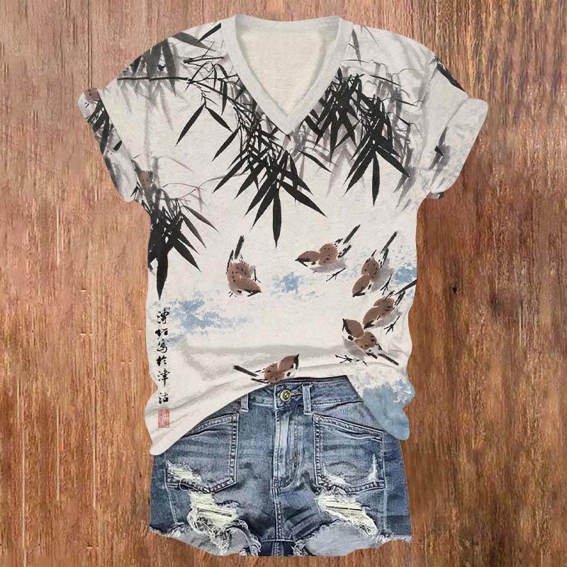 Japanese Ink Painting Bird Art Print V-neck T-shirt - Apricot - US32-34(5XL) - image 1
