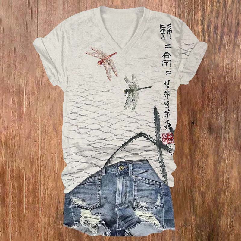 Japanese Ink Painting Dragonfly Art Print V-neck T-shirt - Apricot - US32-34(5XL) - image 1