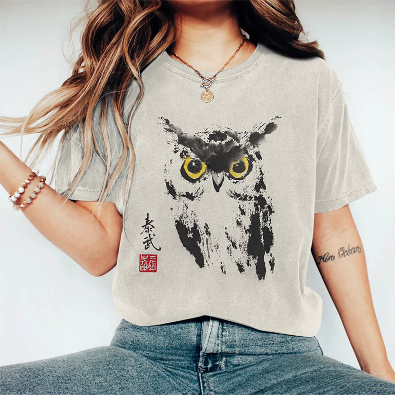 Owl Art Print Casaul T-Shirt - Grey - US44-46(8XL) - image 1