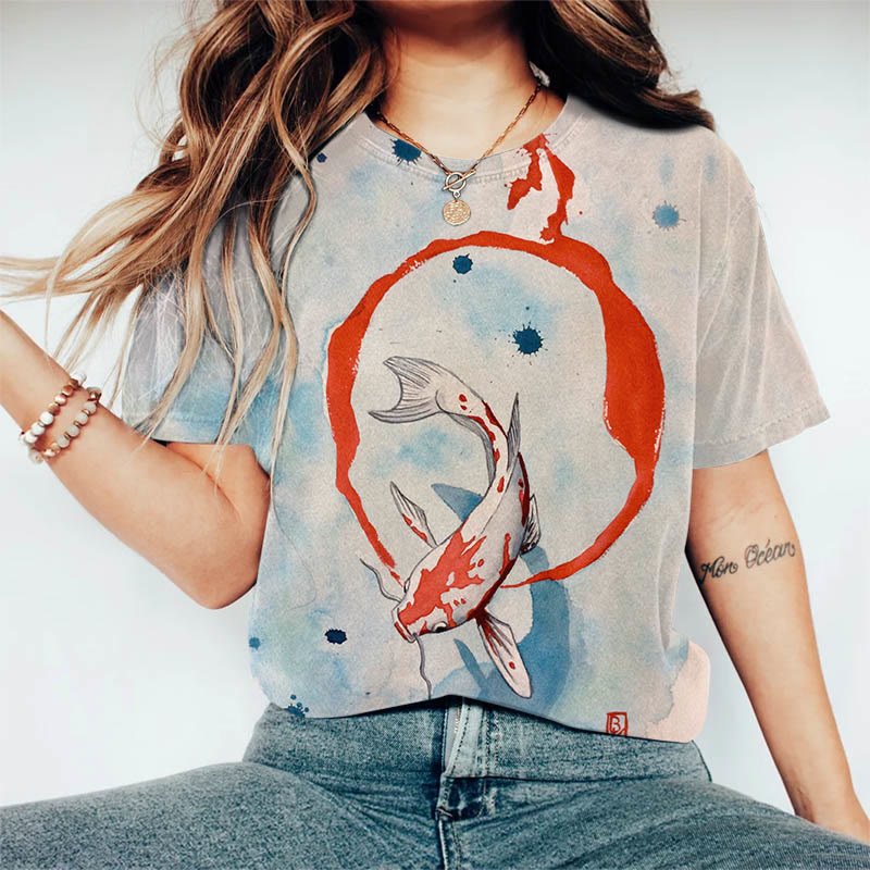 Japanese Watercolor Koi Art Print Casaul T-shirt - Apricot - US44-46(8XL) - image 1