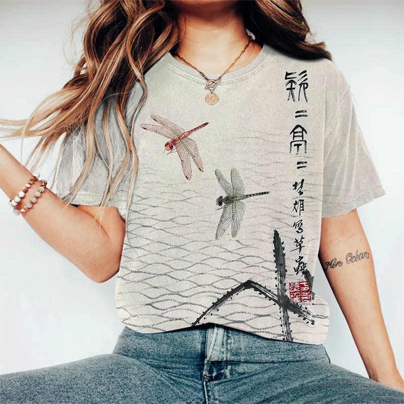 Japanese Ink Painting Dragonfly Art Print Casaul T-shirt - Grey - US44-46(8XL) - image 1