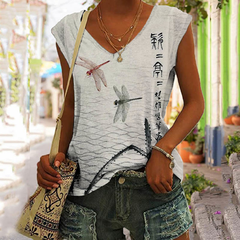 Japanese Ink Painting Dragonfly Art Print V-neck Tank Top - Grey - 5XL - image 1