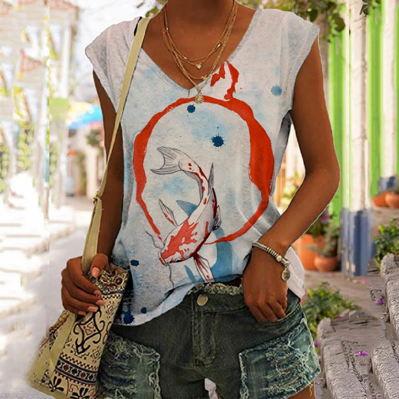 Japanese Watercolor Koi Art Print V-neck Tank Top - Apricot - 5XL - image 1