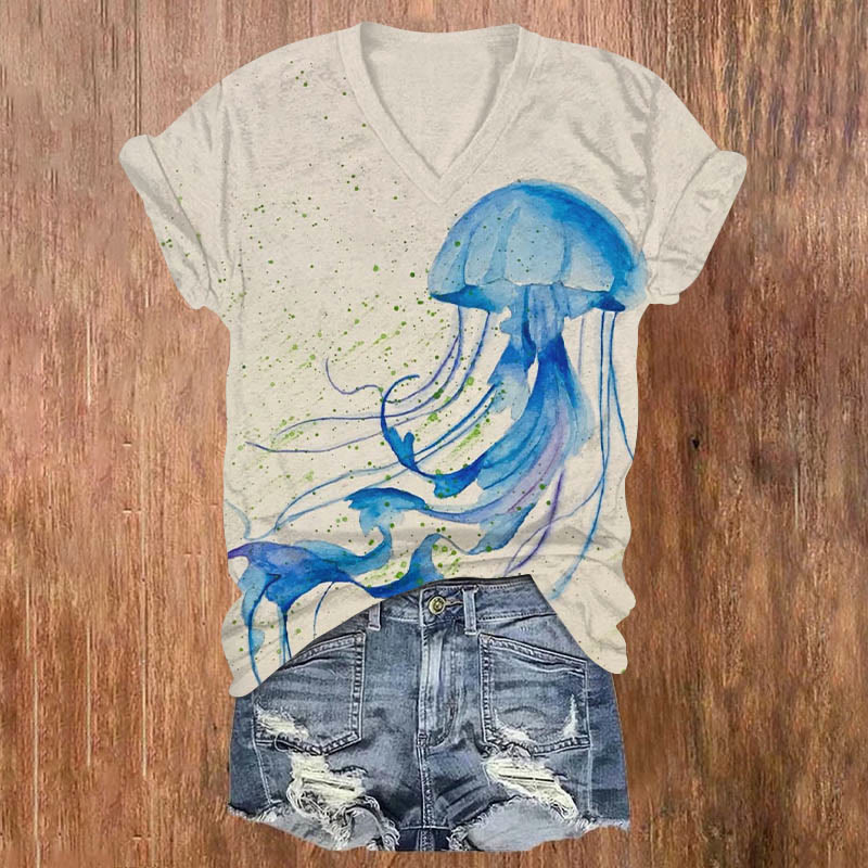 Watercolor Jellyfish Art Print V-neck T-shirt - Khaki - US32-34(5XL) - image 1