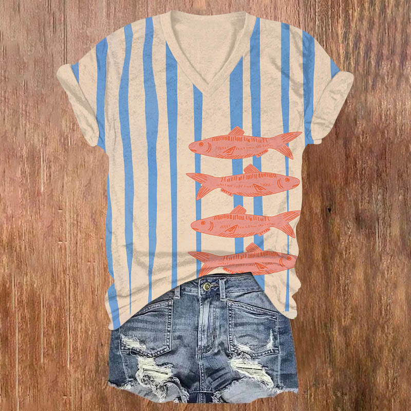 Creative Sketching Fish Art Print V-neck T-shirt - Khaki - US32-34(5XL) - image 1