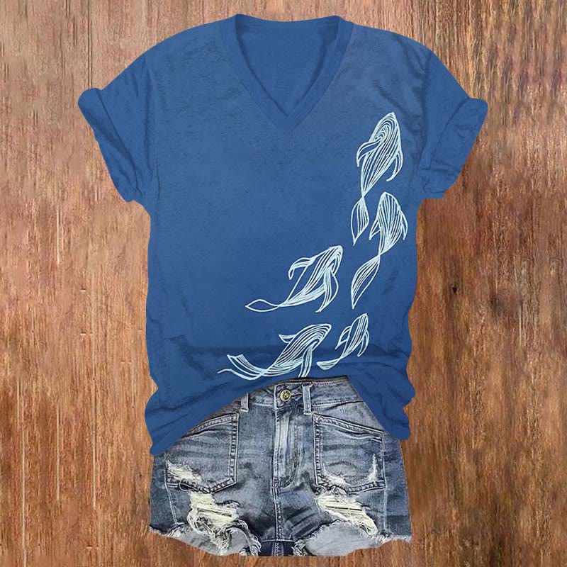 Creative Blue Sketching Fish Art Print V-neck T-shirt - Blue - US32-34(5XL) - image 1