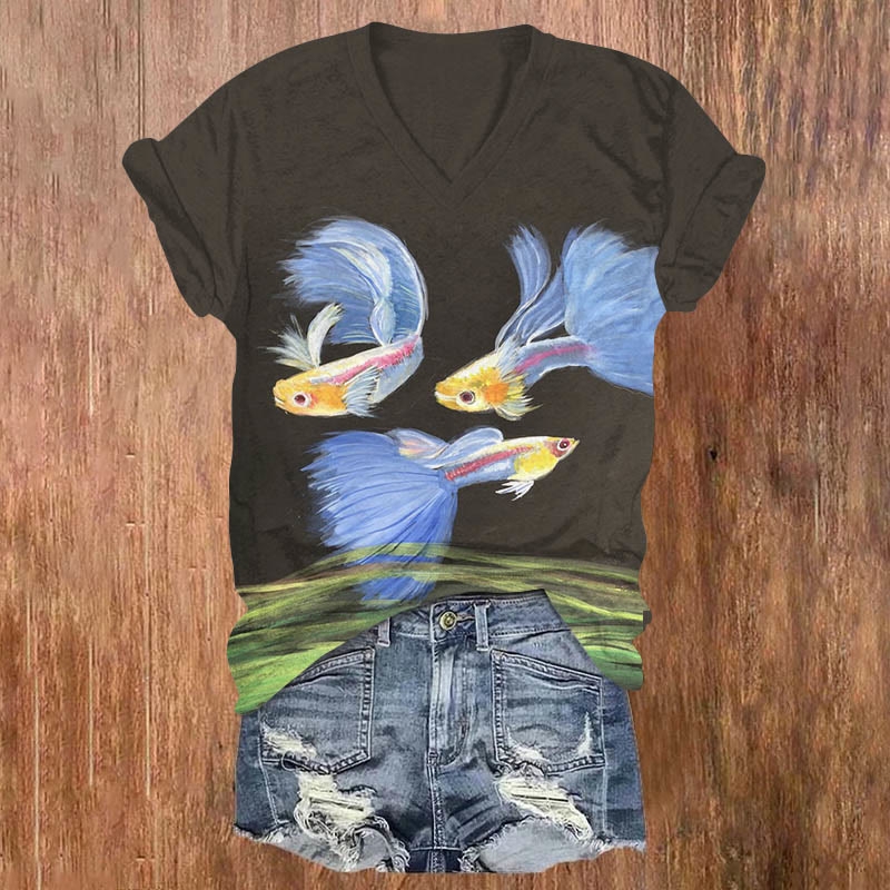 Multicolor Fish Art Print V-neck T-shirt - Black - US32-34(5XL) - image 1