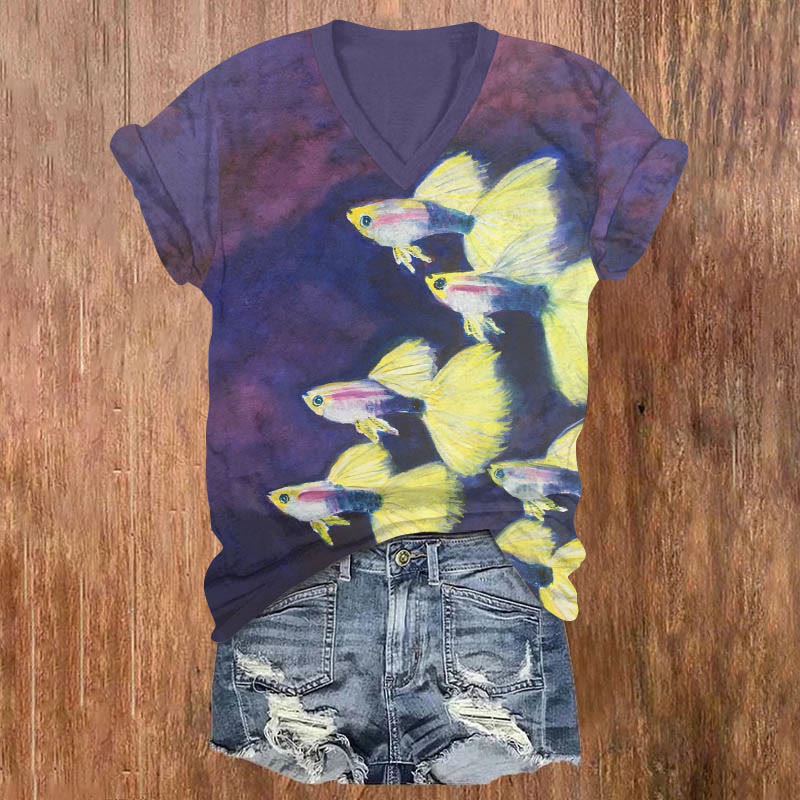 Colorful Fish School Art Print V-neck T-shirt - Purple - US32-34(5XL) - image 1