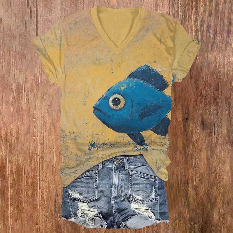 Retro Blue Fish Art Print V-neck T-shirt - Yellow - US32-34(5XL) - image 1