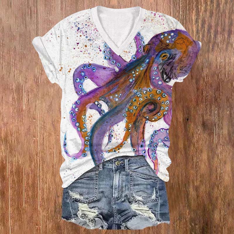 Watercolor Octopus Art Print V-neck T-shirt - Purple - US32-34(5XL) - image 1