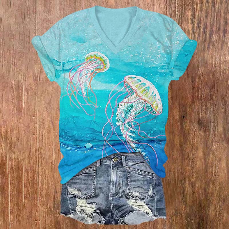 Undersea Jellyfish Art Print V-neck T-shirt - Lake Blue - US32-34(5XL) - image 1