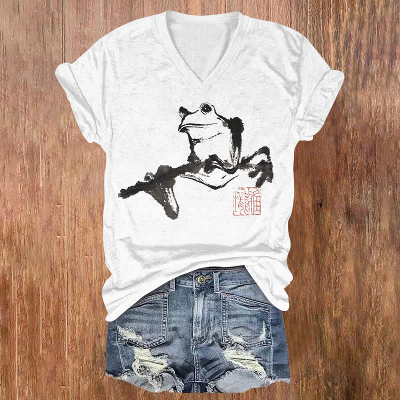 Frog On A Branch Ink Painting Print V-neck T-shirt - White - US32-34(5XL) - image 1