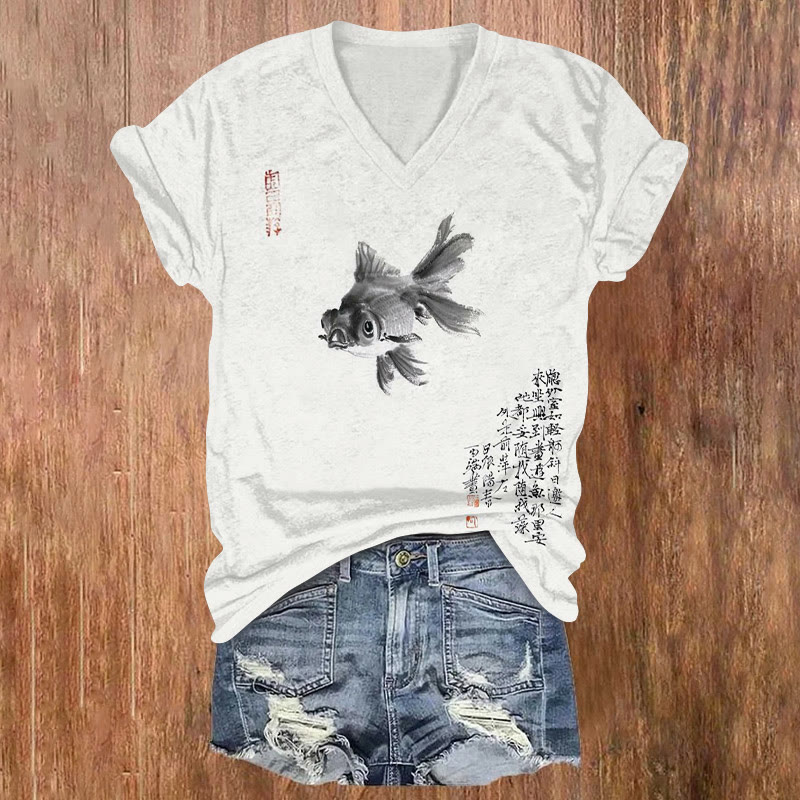 Goldfish Ink Painting Print V-neck T-shirt - Light Gray - US32-34(5XL) - image 1