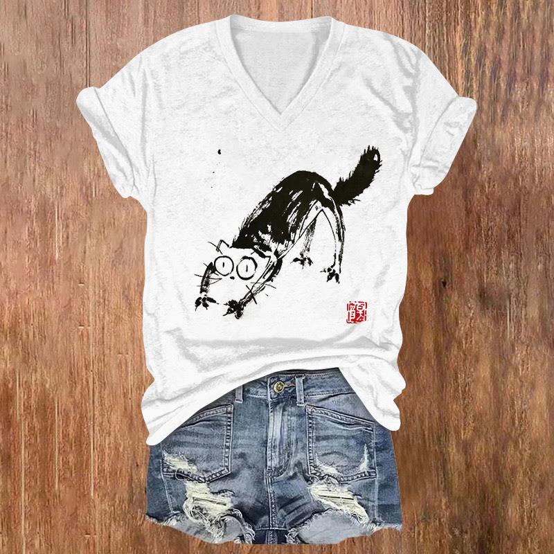 Furry Cat Ink Painting Print V-neck T-shirt - White - US32-34(5XL) - image 1
