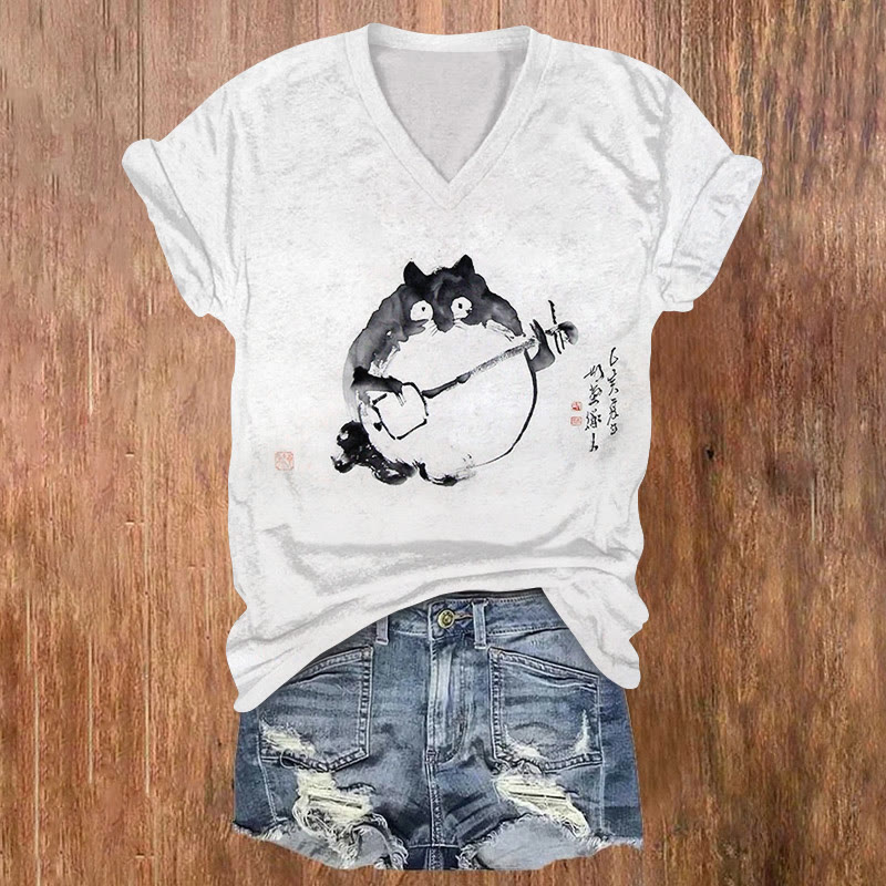Totoro Playing The Piano Ink Painting Print V-neck T-shirt - White - US32-34(5XL) - image 1