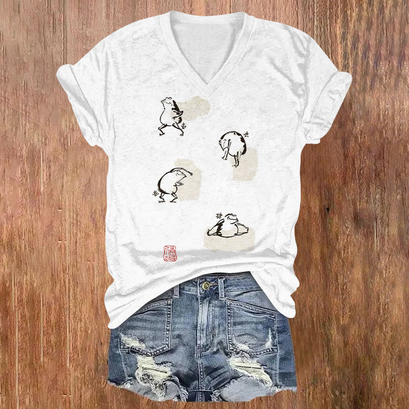 Frog Doing Aerobics Ink Painting Print V-neck T-shirt - White - US32-34(5XL) - image 1