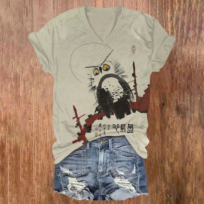 Japanese Owl Ink Painting Print V-neck T-shirt - Khaki - US32-34(5XL) - image 1