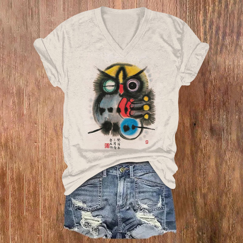 Winking Owl Ink Painting Print V-neck T-shirt - Apricot - US32-34(5XL) - image 1