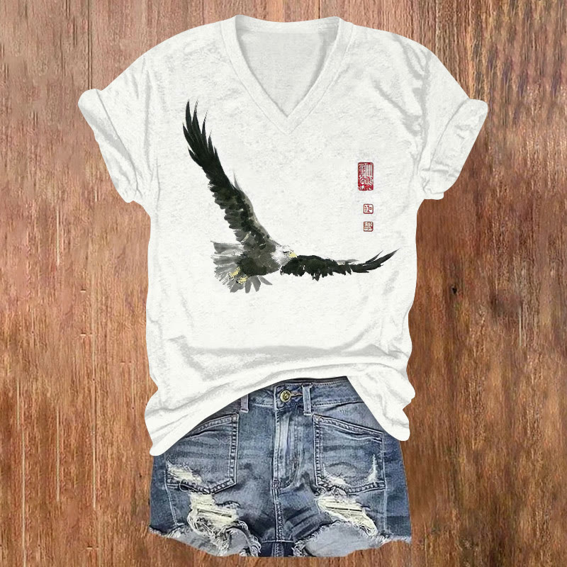 Flying Eagle Ink Painting Print V-neck T-shirt - White - US32-34(5XL) - image 1