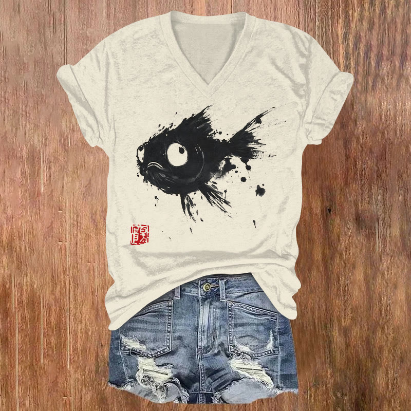 Goldfish Rolling Its Eyes Ink Painting Print V-neck T-shirt - Apricot - US32-34(5XL) - image 1