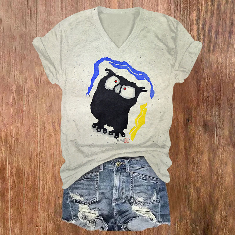 Japanese Ugly Owl Print V-neck T-shirt - Warm Grey - US32-34(5XL) - image 1