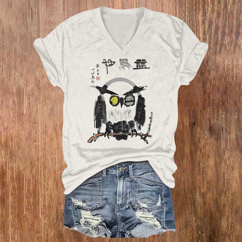 Japanese Sneaky Owl Print V-neck T-shirt - Light Gray - US32-34(5XL) - image 1