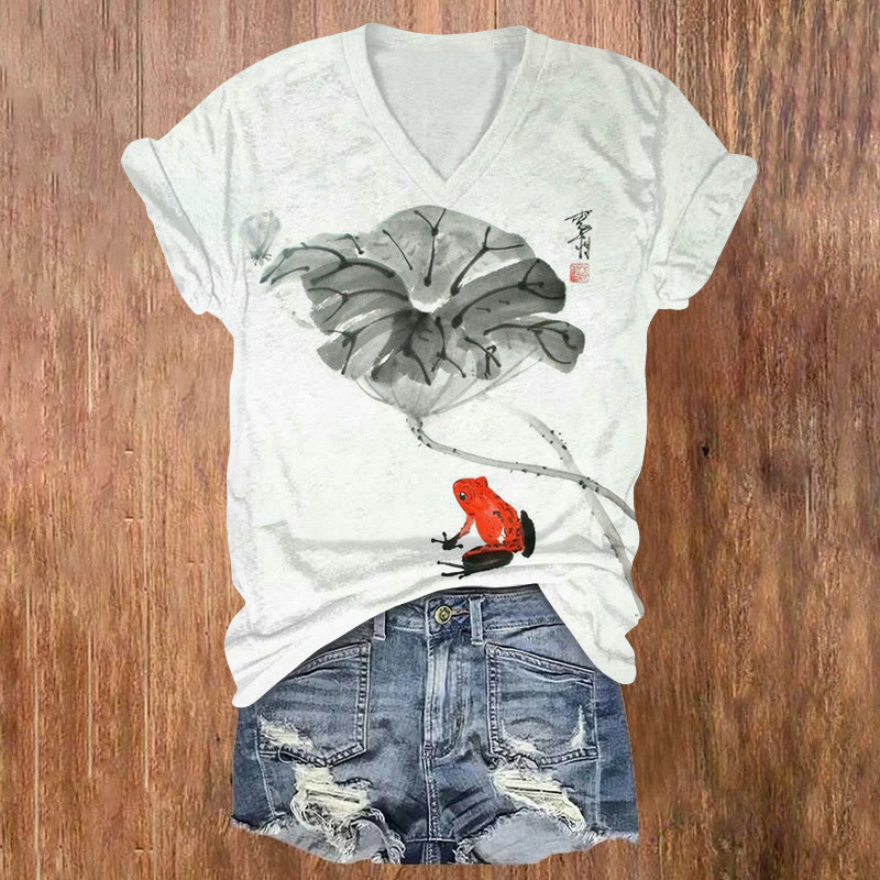 Japanese Style Frog Under Lotus Leaf Print V-neck T-shirt - Light Gray - US32-34(5XL) - image 1