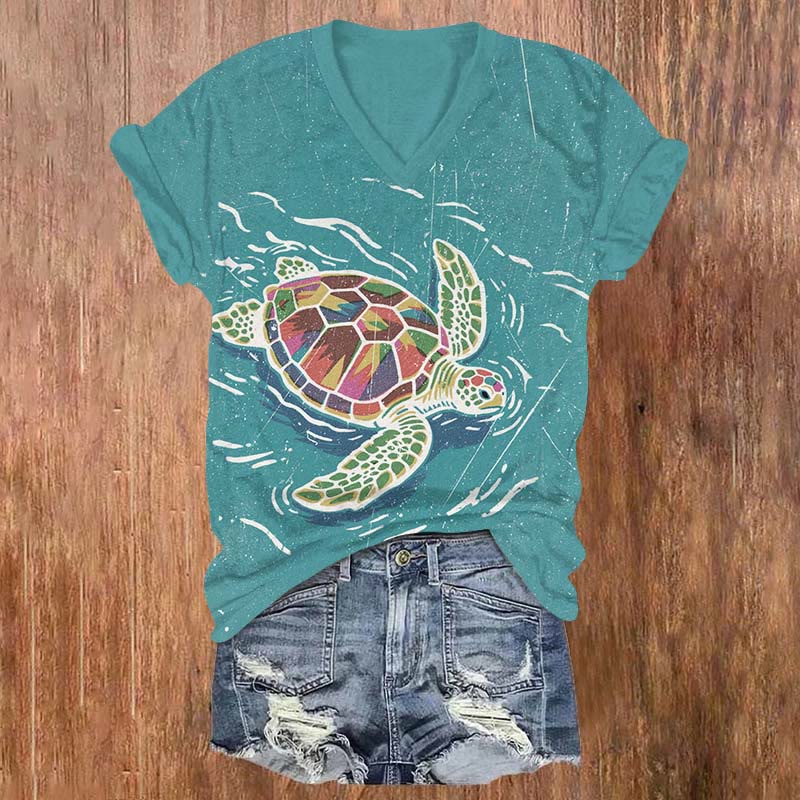 Rainy Colorful Sea Turtle Art Print V-neck T-shirt - Lake Blue - 5XL - image 1