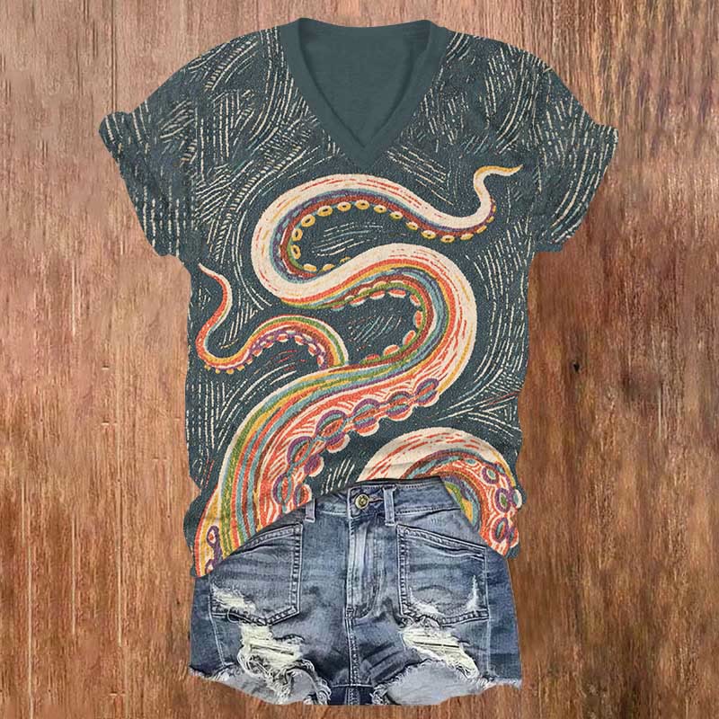 Vintage Mystical Rainbow Octopus Tentacles Print V-neck T-shirt - Dark Grey - 5XL - image 1