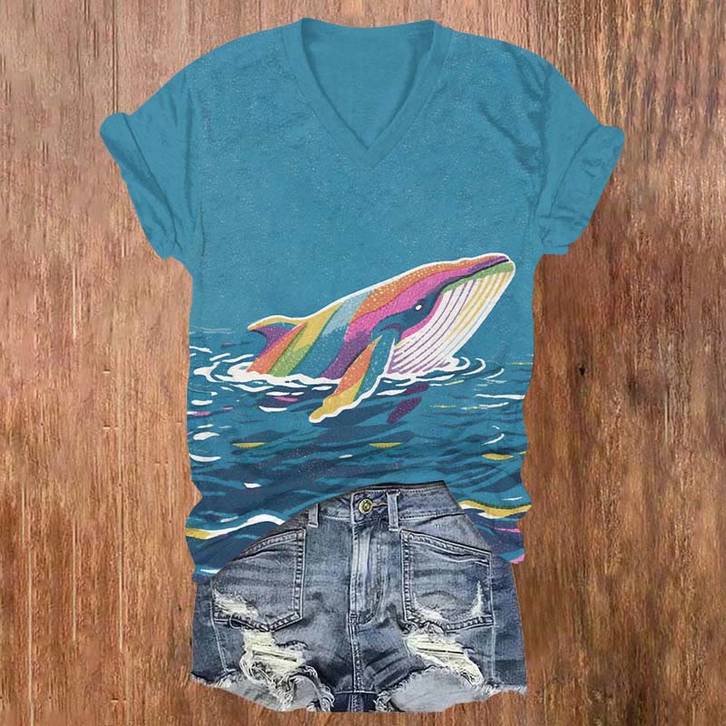 Vintage Rainbow Ocean Whale Art Print V-neck T-shirt - Blue - 5XL - image 1