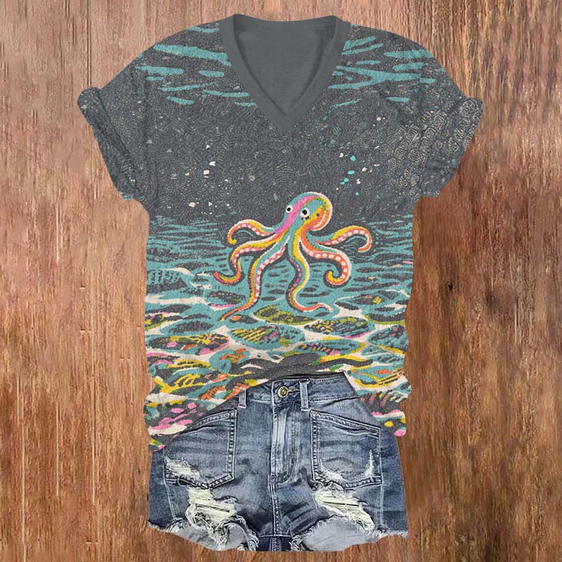 Vintage Funny Rainbow Octopus Art Print V-neck T-shirt - Grey - 5XL - image 1
