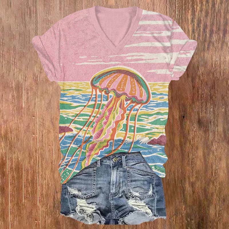 Fantasy Colorful Jellyfish Art Print V-neck T-shirt - Pink - 5XL - image 1