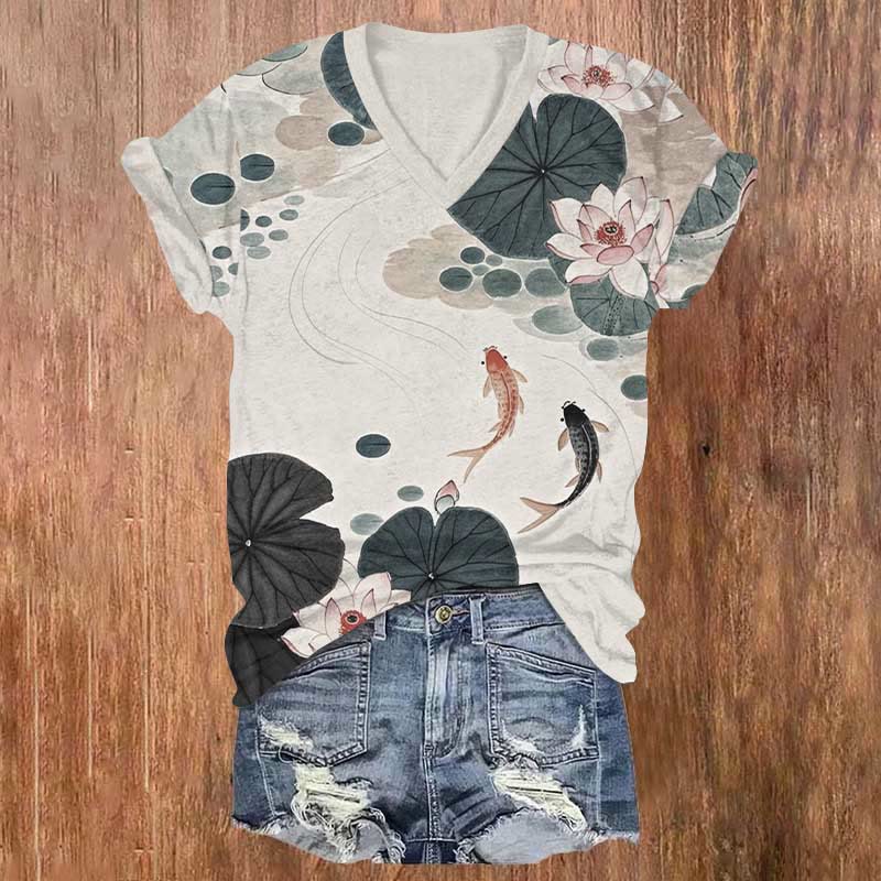 Lovely Couple Koi In Lotus Pond Art Print V-neck T-shirt - Beige - 5XL - image 1