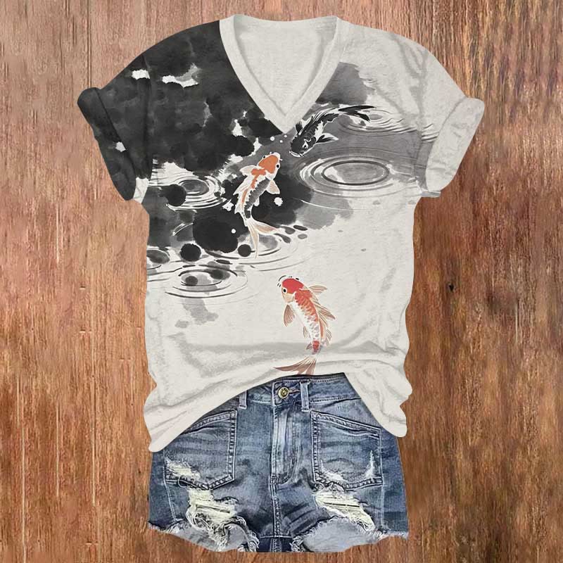 Ink Splash Pond & Koi Art Print V-neck T-shirt - Grey - 5XL - image 1