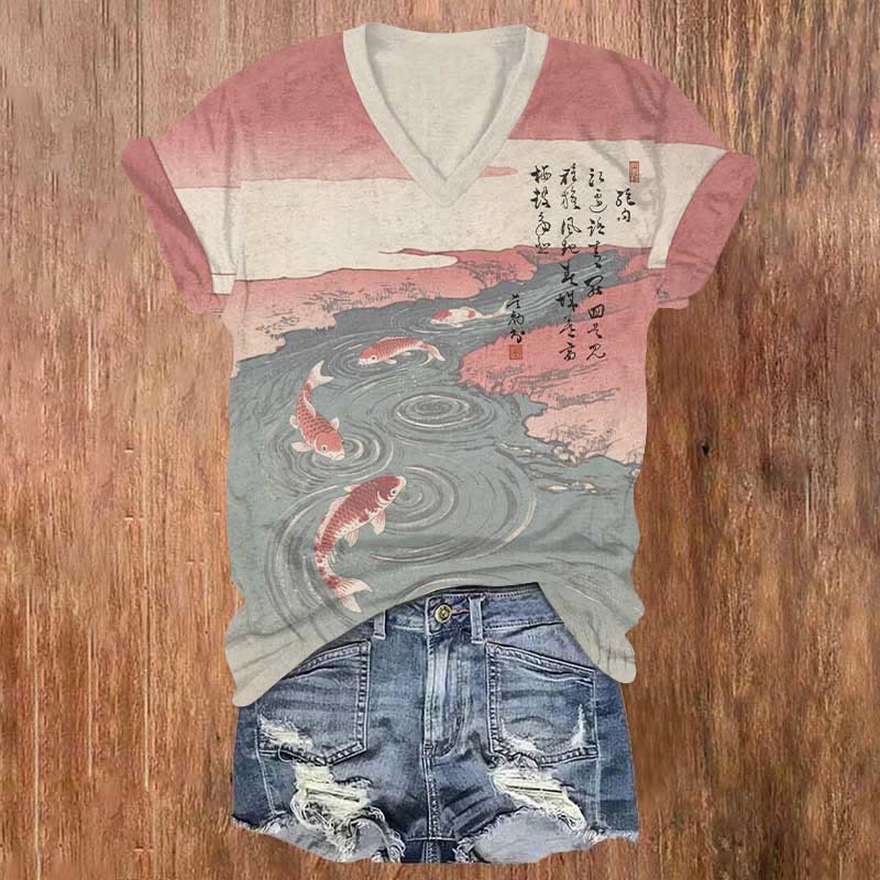 Japanese Vintage Sunset Koi In Stream Art Print V-neck T-shirt - Multicolor - 5XL - image 1