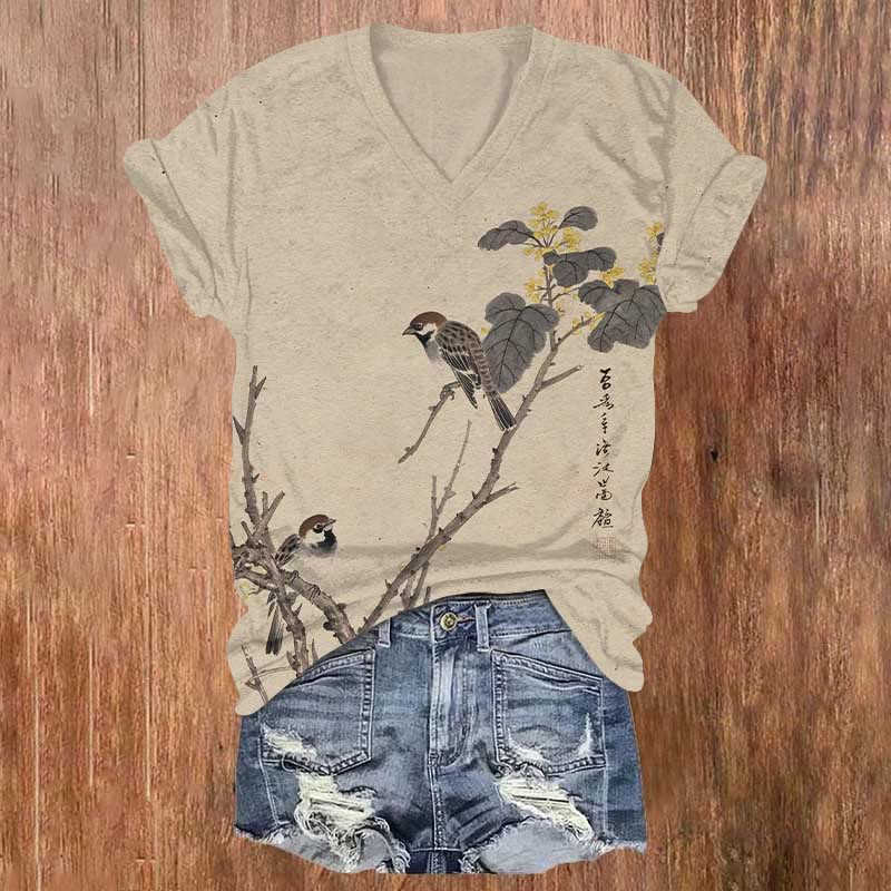 Vintage Birds On The Branch Art Print V-neck T-shirt - Khaki - 5XL - image 1