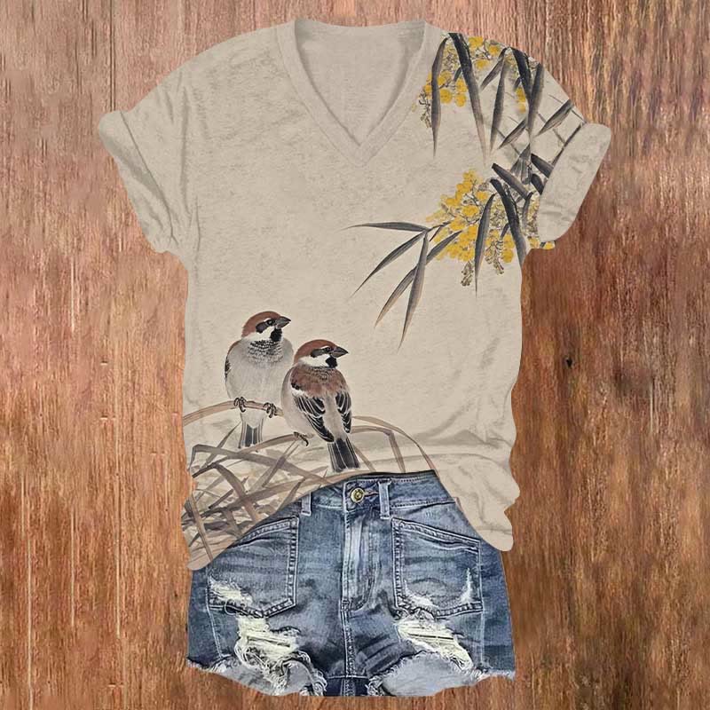Vintage Couple Birds & Chrysanthus Art Print V-neck T-shirt - Khaki - 5XL - image 1